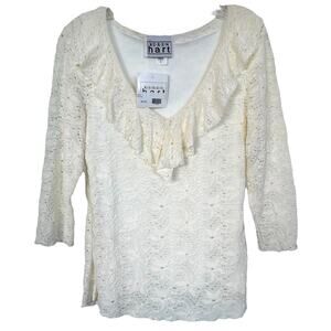 Keren Hart Women's Ruffle Neck Lace Blouse V-Neck 3/4 Sleeve Lined Size M Ivory